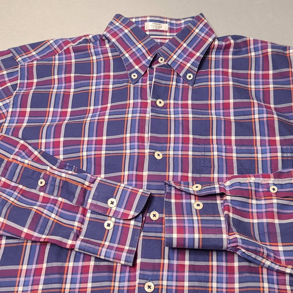 Peter Millar Button Down Shirt Mens Medium Purple Blue Plaid Cotton Long Sleeve